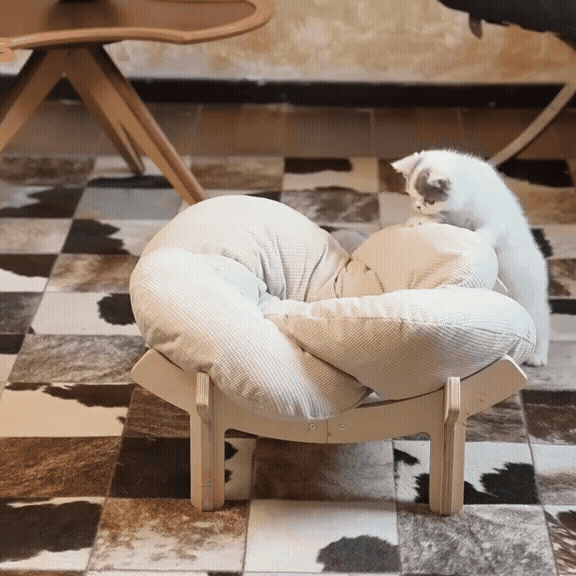 Raised Wooden Flower Pet Bed with Plush Cushion