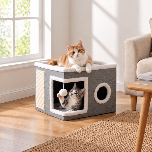 Folding Cat House with Reversible Cushion & Toys