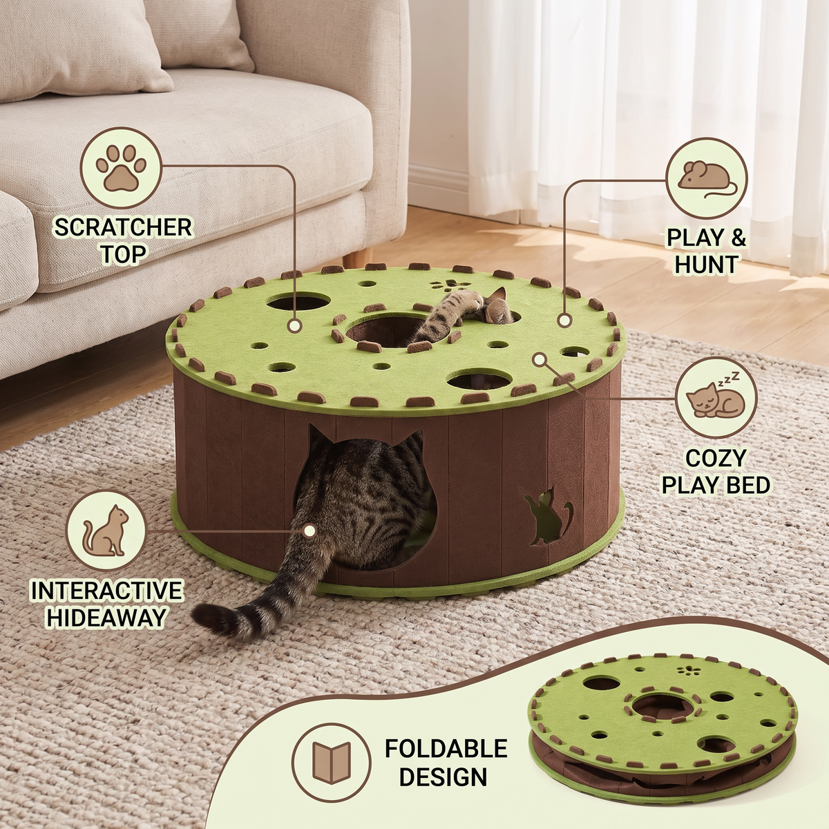 Foldaway Cat Tunnel House with Scratch & Rest Areas