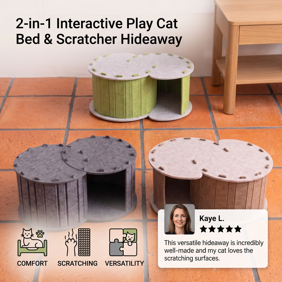 Cat Hideaway Bed with Built-In Scratching Area