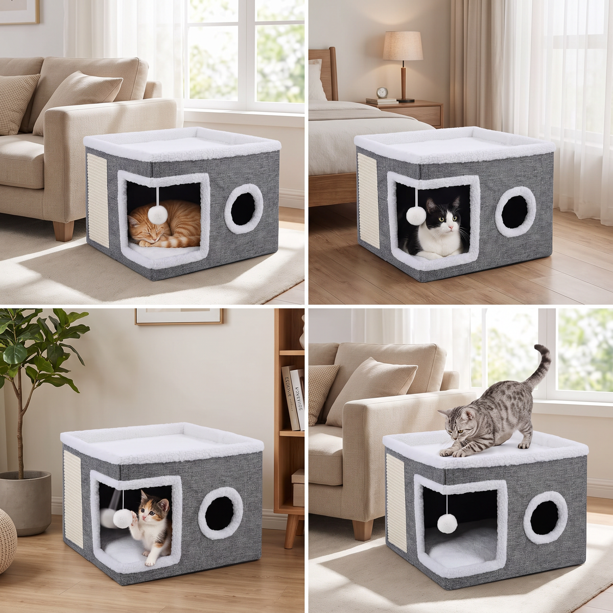 Folding Cat House with Reversible Cushion & Toys