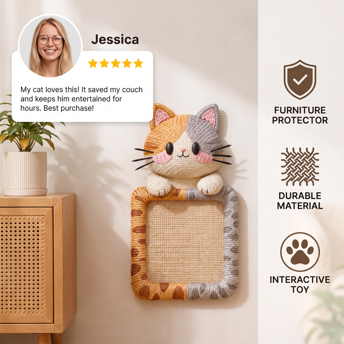 Woven Cat Scratch Mat with Adhesive Back & Play Toy