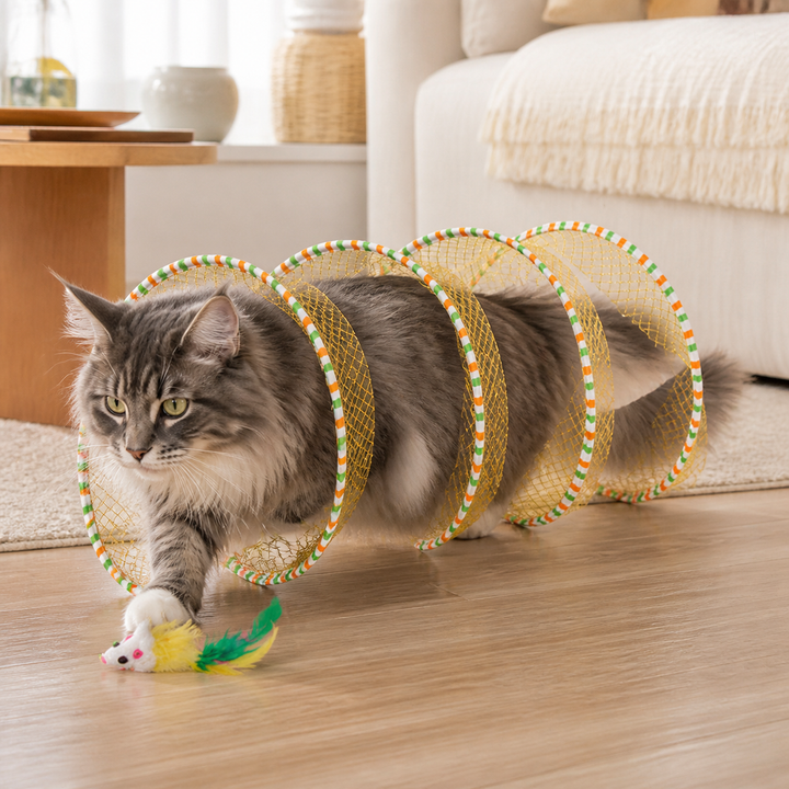 Collapsible Spiral Cat Tunnel with Feather & Bells