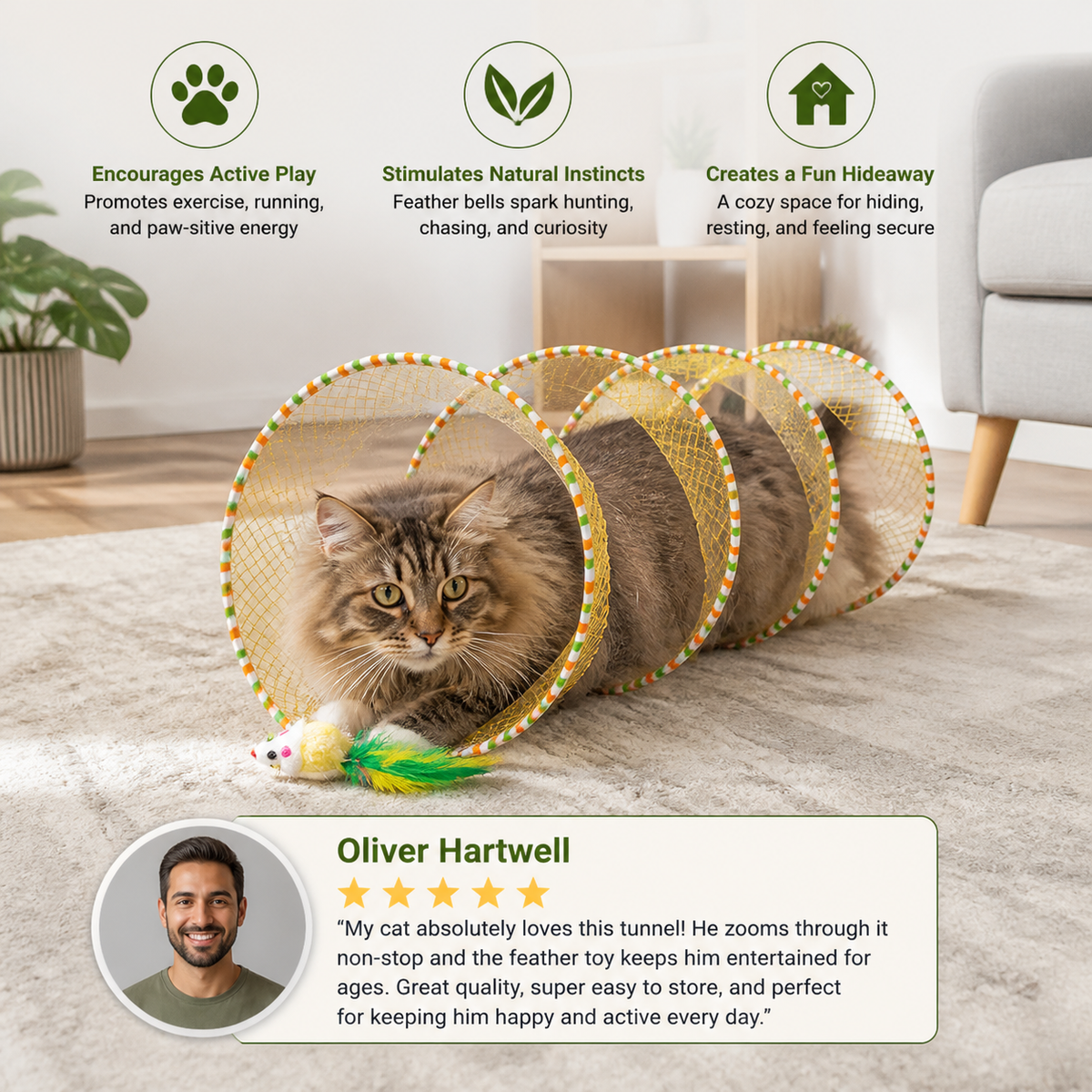 Collapsible Spiral Cat Tunnel with Feather & Bells