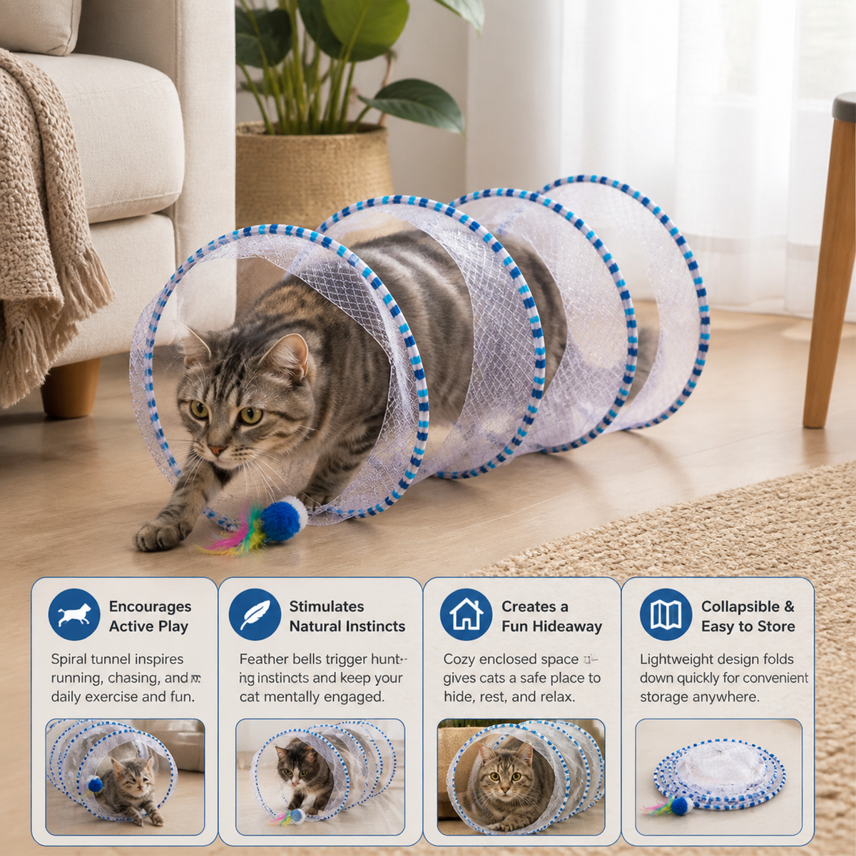 Collapsible Spiral Cat Tunnel with Feather & Bells