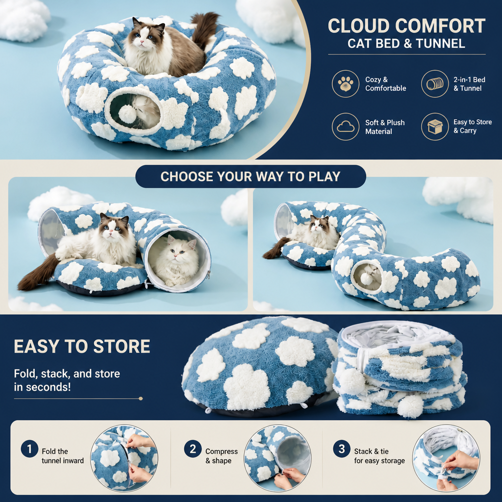 Fluffy Cat Play Tunnel & Bed with Blanket