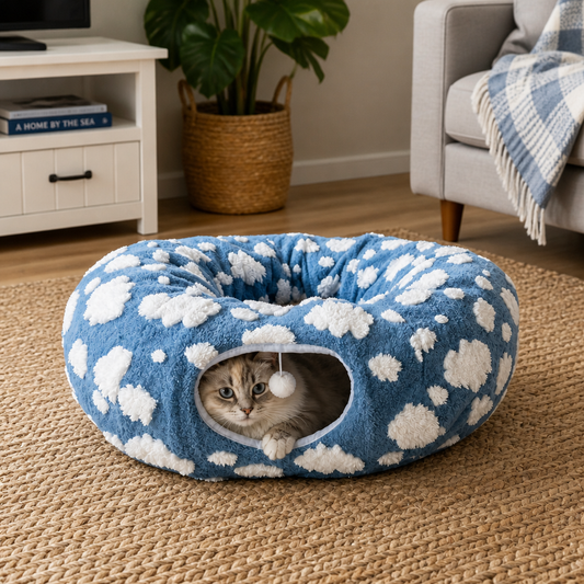 Fluffy Cat Play Tunnel & Bed with Blanket