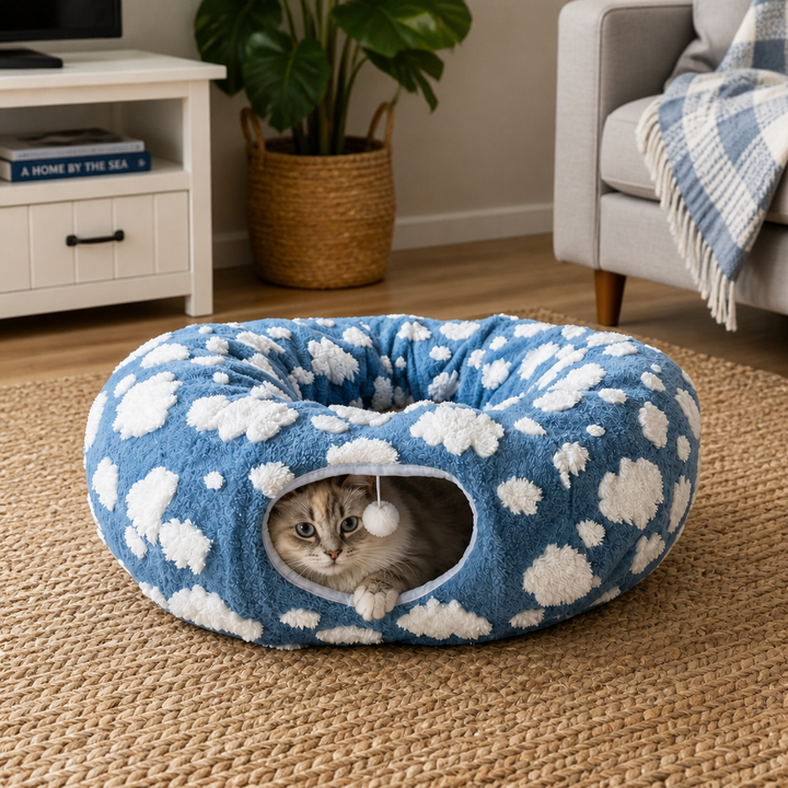 Fluffy Cat Play Tunnel & Bed with Blanket