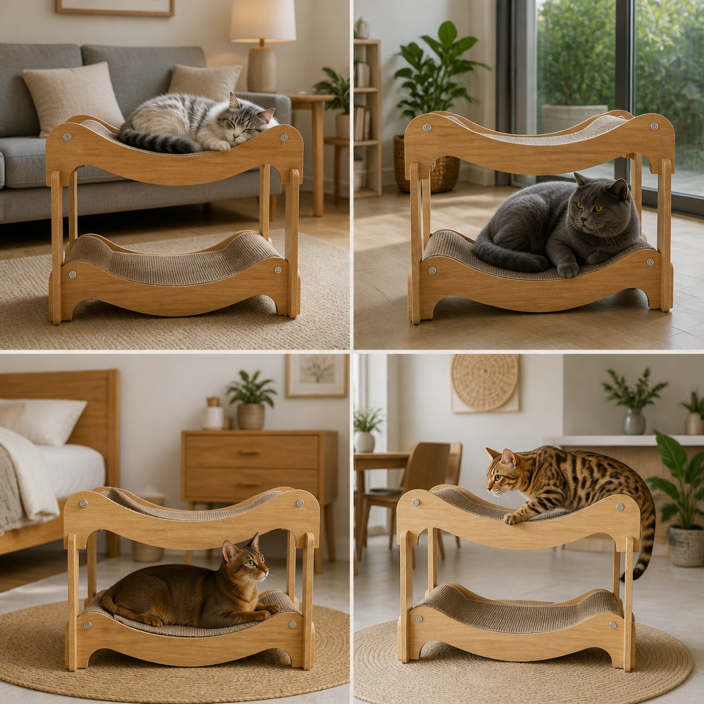 Two-Level Wooden Cat Bed with Sisal Ramp & Toys
