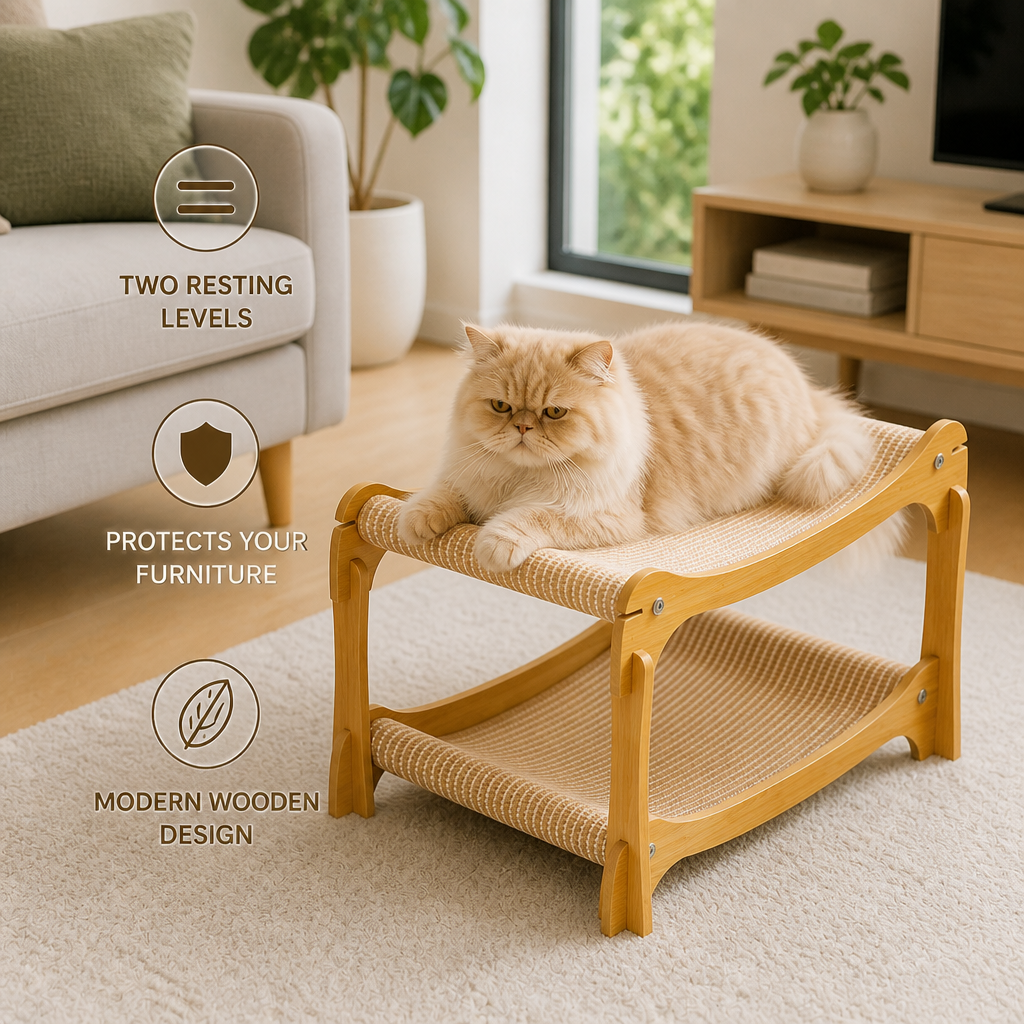Two-Level Wooden Cat Bed with Sisal Ramp & Toys