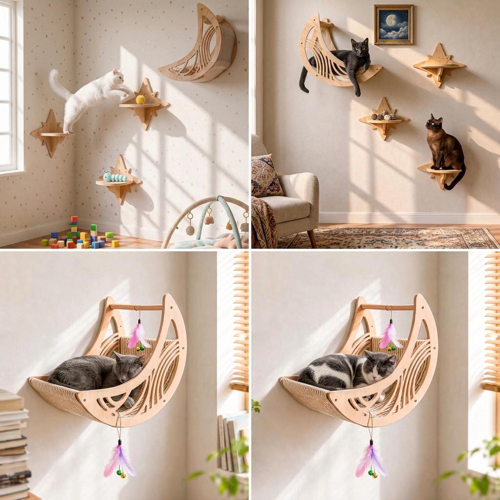 Moon & Star Wooden Cat Wall Shelf Set