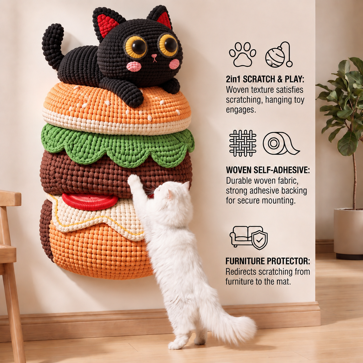 Woven Cat Scratch Mat with Adhesive Back & Play Toy