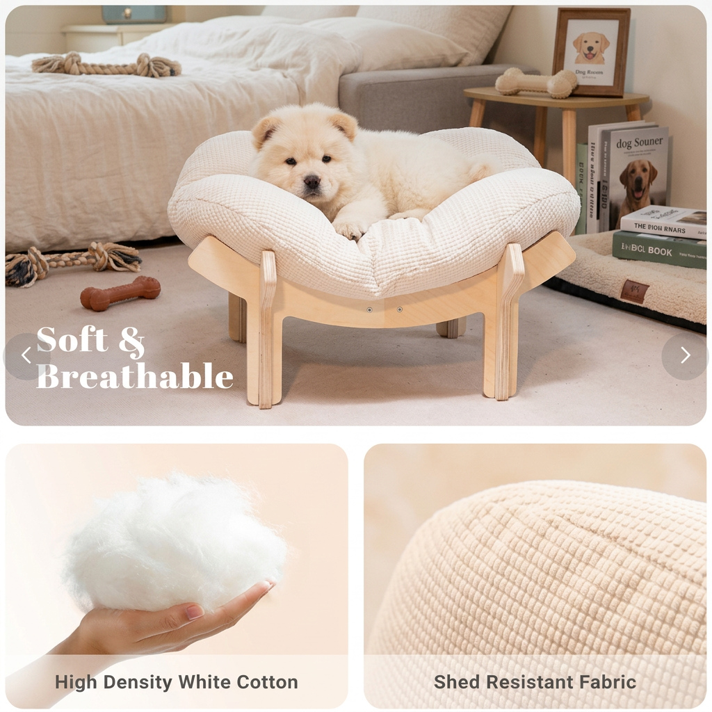 Raised Wooden Flower Pet Bed with Plush Cushion