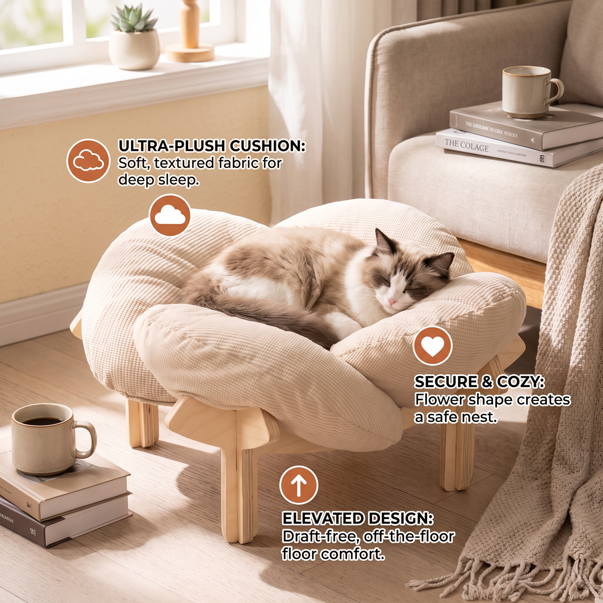Raised Wooden Flower Pet Bed with Plush Cushion