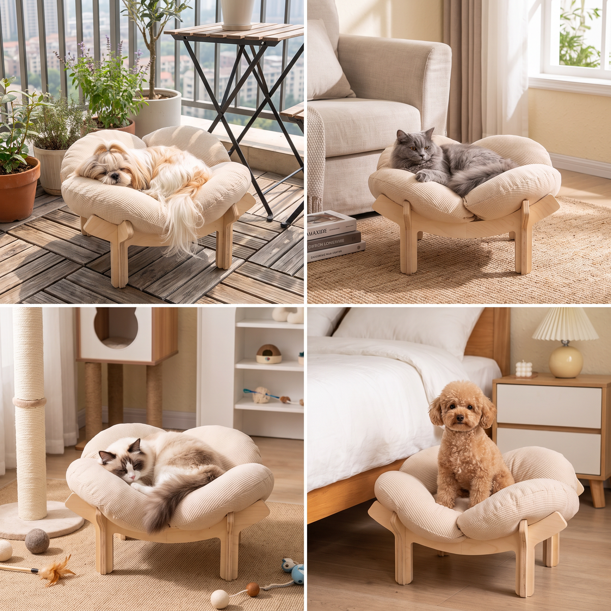 Raised Wooden Flower Pet Bed with Plush Cushion