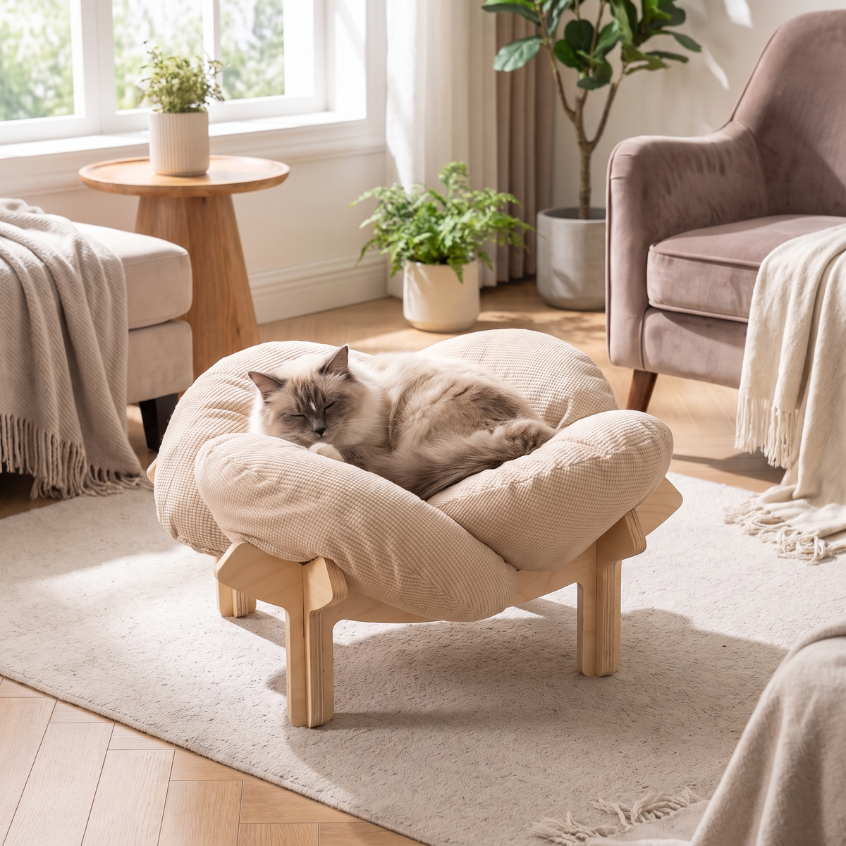Raised Wooden Flower Pet Bed with Plush Cushion
