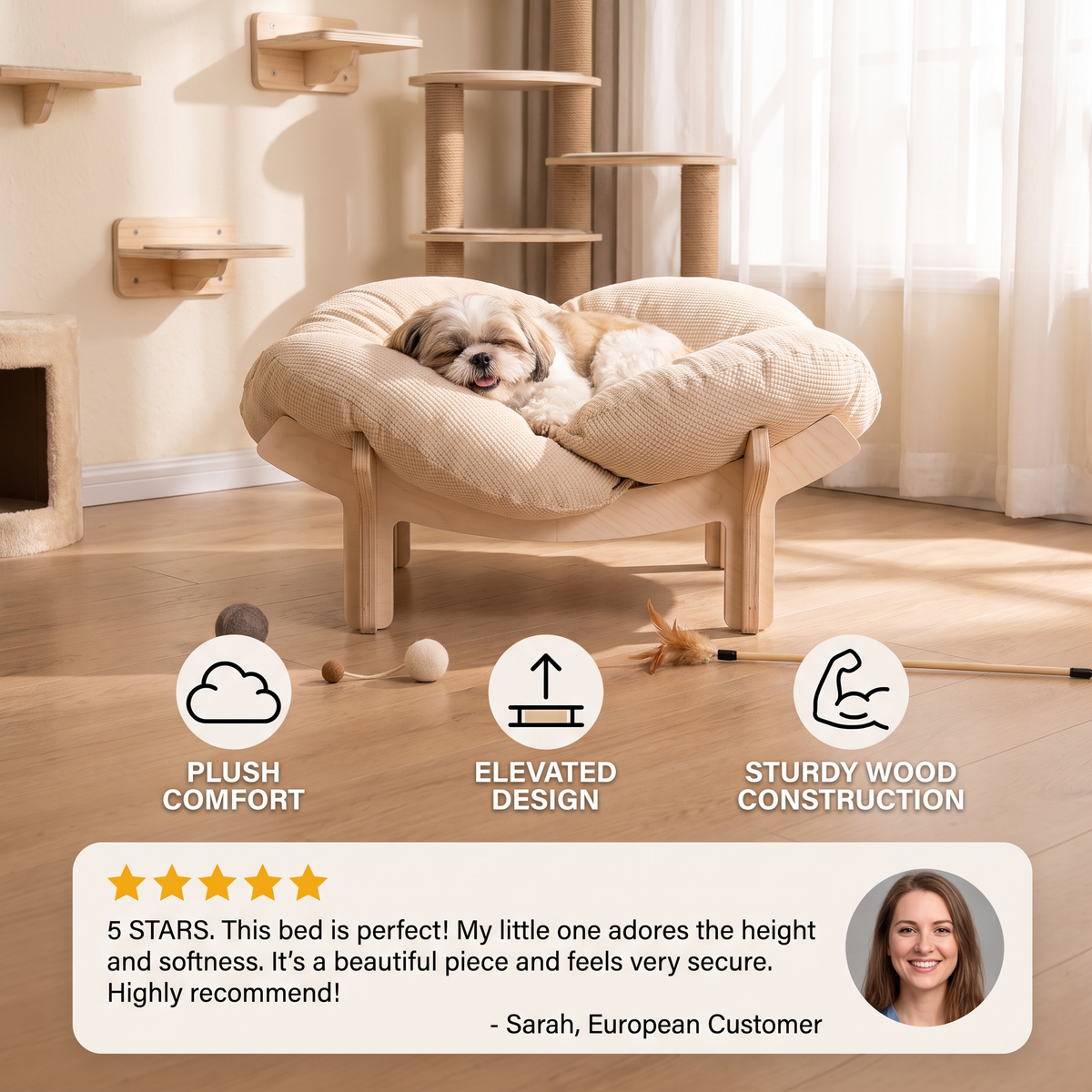 Raised Wooden Flower Pet Bed with Plush Cushion