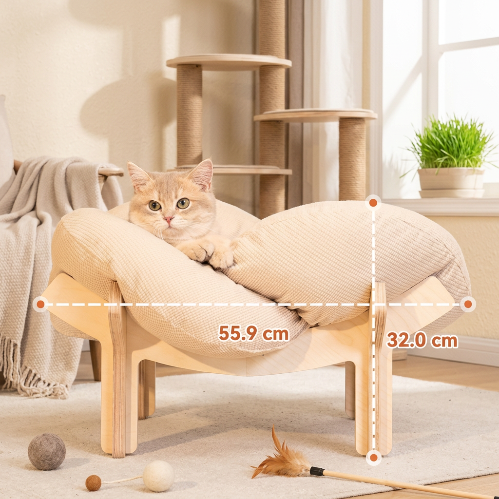 Raised Wooden Flower Pet Bed with Plush Cushion