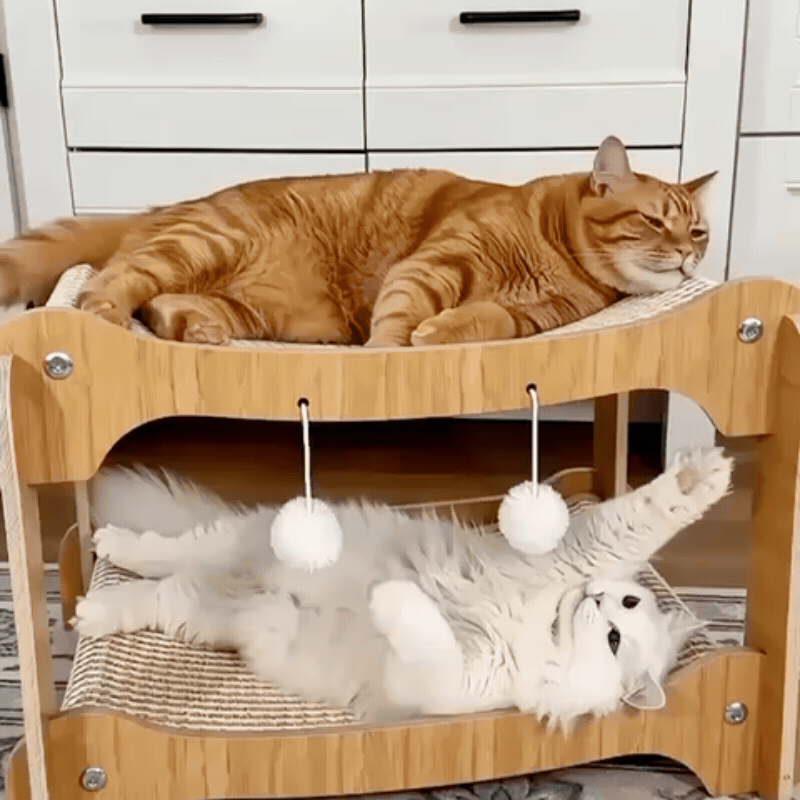 Two-Level Wooden Cat Bed with Sisal Ramp & Toys