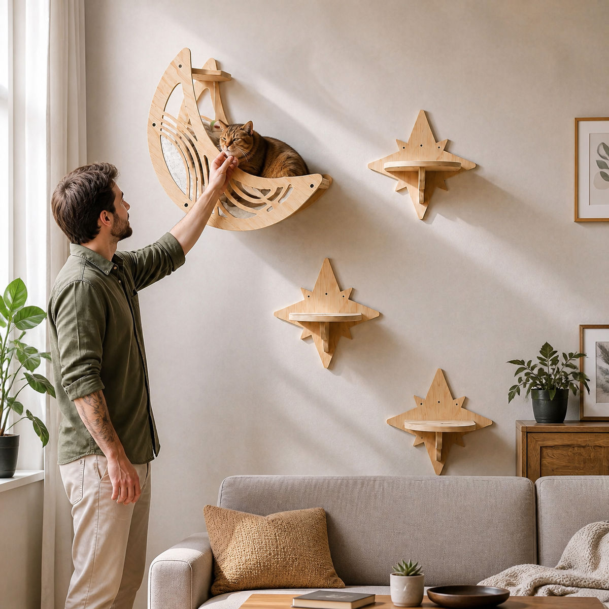 Moon & Star Wooden Cat Wall Shelf Set