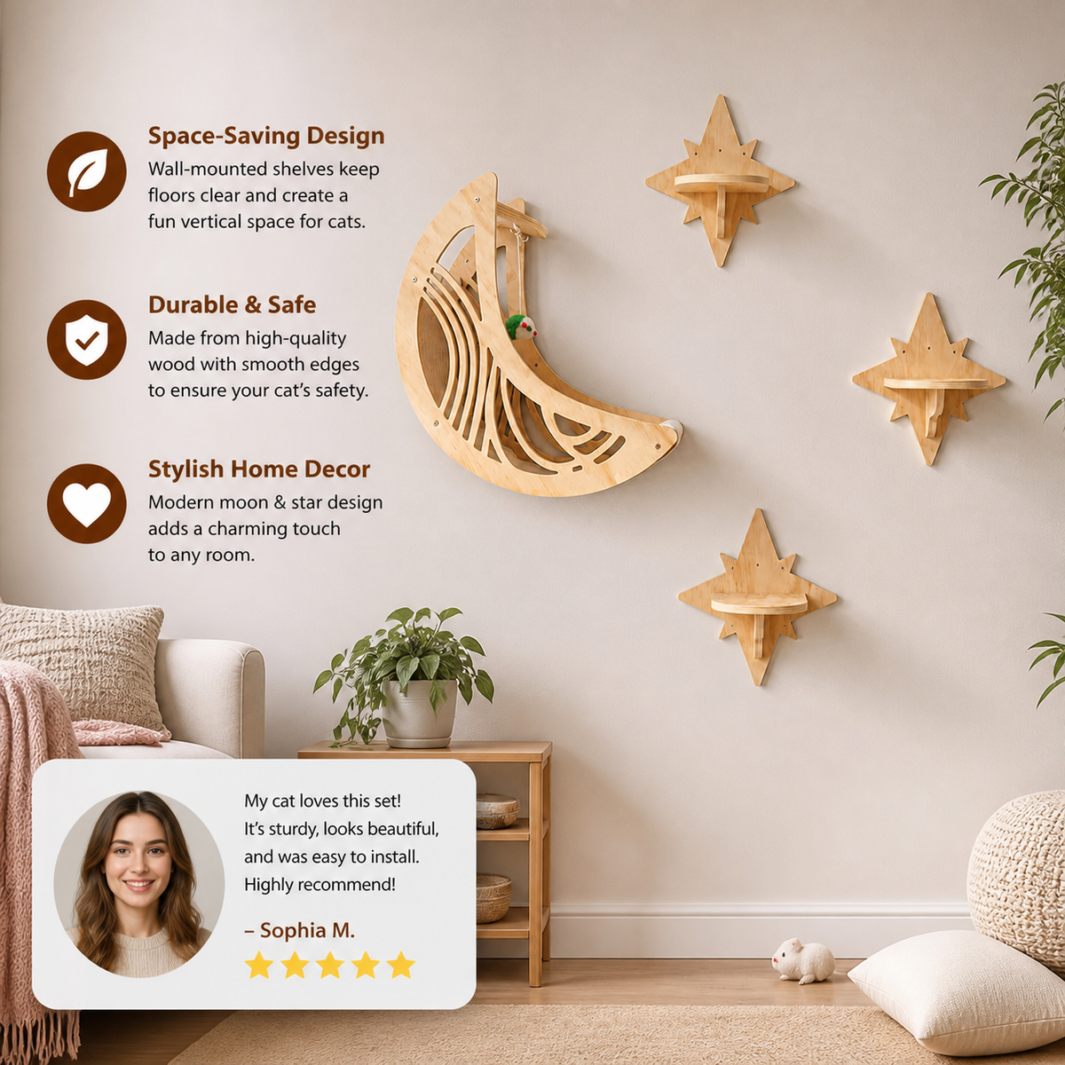 Moon & Star Wooden Cat Wall Shelf Set