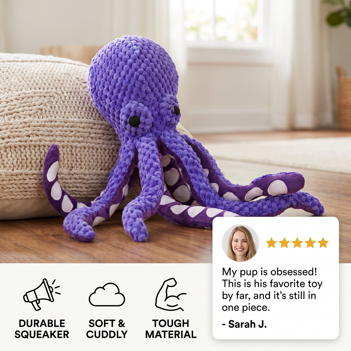 Large Plush Octopus Dog Toy with Squeaker