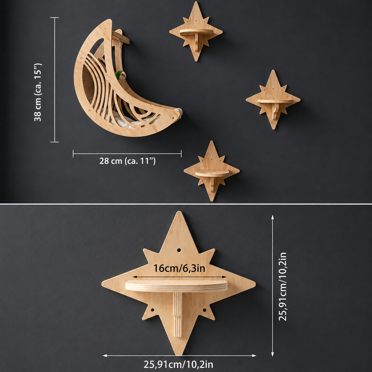 Moon & Star Wooden Cat Wall Shelf Set