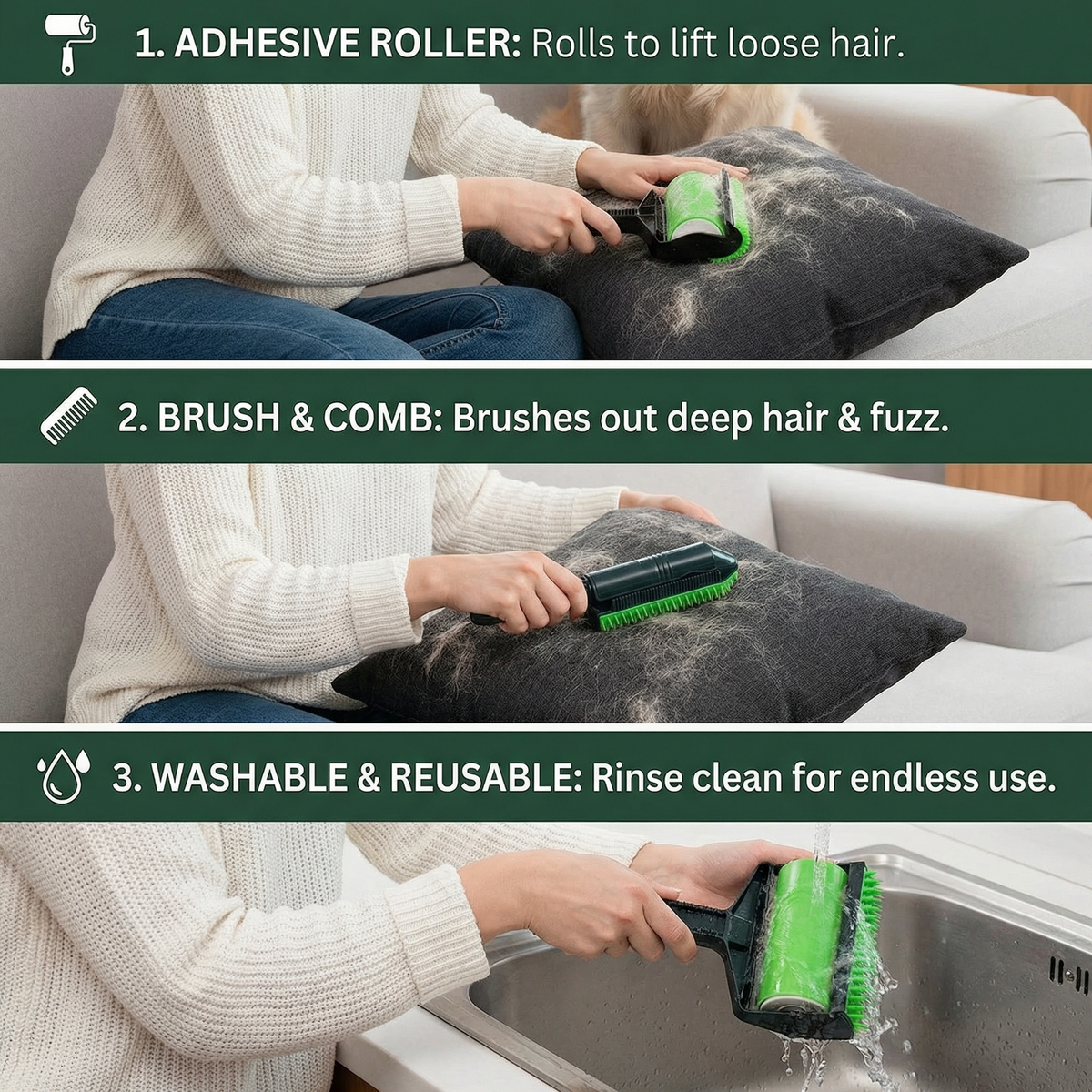 Reusable 3-in-1 Pet Fur Cleaning Brush
