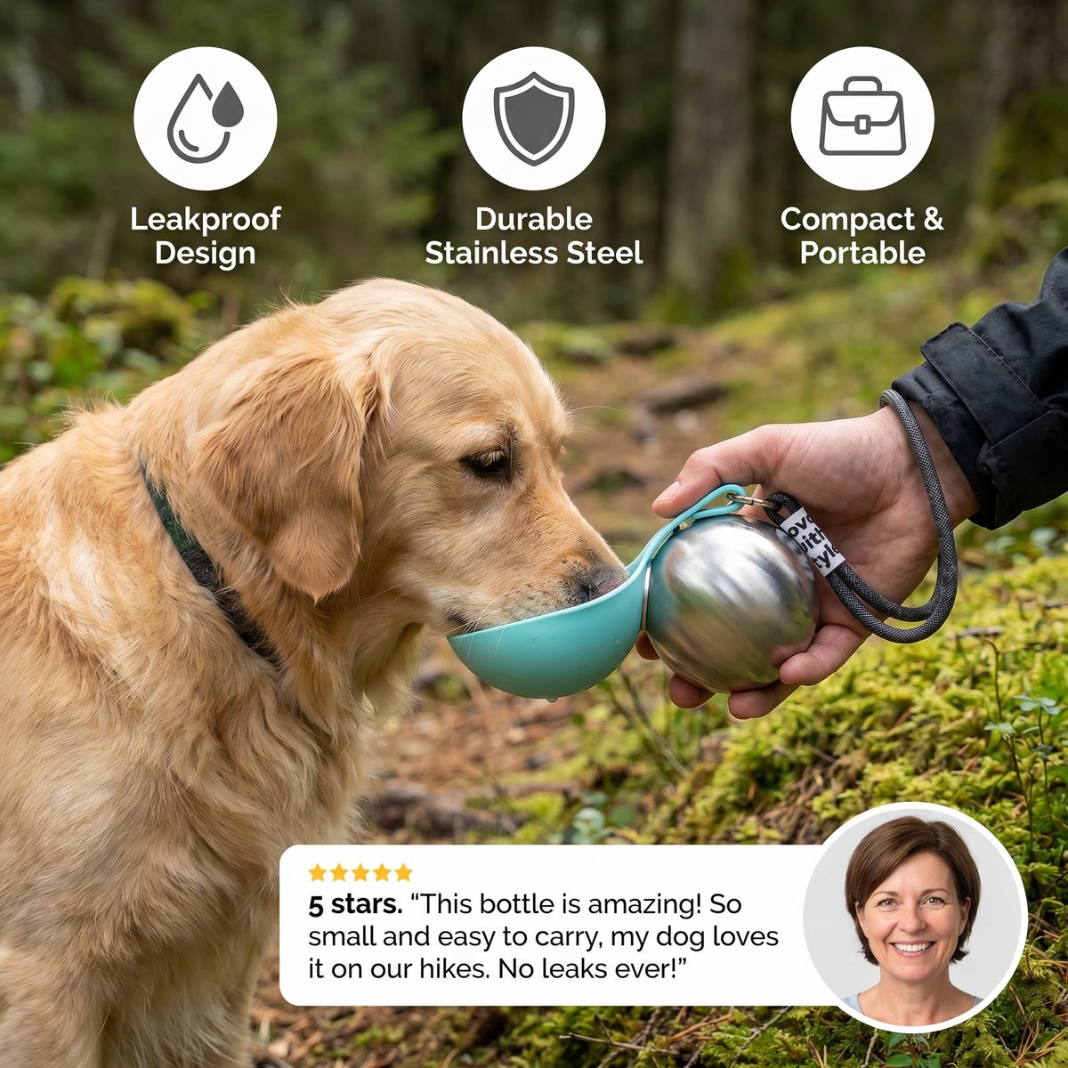 Stainless Steel Dog Travel Bottle with Fold-Out Bowl