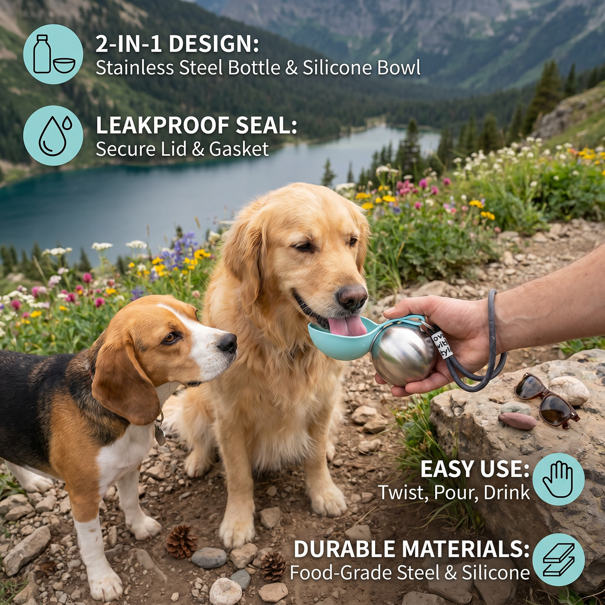 Stainless Steel Dog Travel Bottle with Fold-Out Bowl