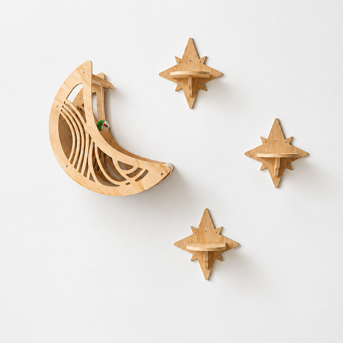 Moon & Star Wooden Cat Wall Shelf Set